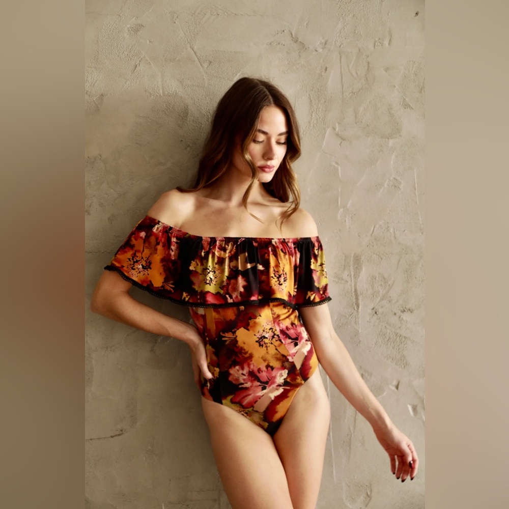 Nightcap Free People “Havana” floral off shoulder one piece swimsuit bodysuit